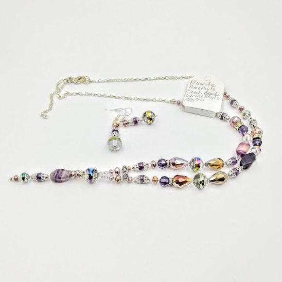 AMETHYST& PURPLE FLUORITE*LARIAT/Y STYLE NECKLACE & EARRINGS. - Picture 2 of 6